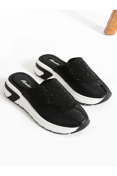 Alemdar Shoes NİCE Black Women's Slippers - Stone Detailed