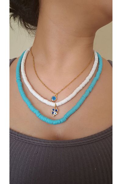 azra takı tasarım 3-Piece Fimo Bead Handmade - Women's Accessory with Blue, White, Clover, Steel Chain and Evil Eye Necklace