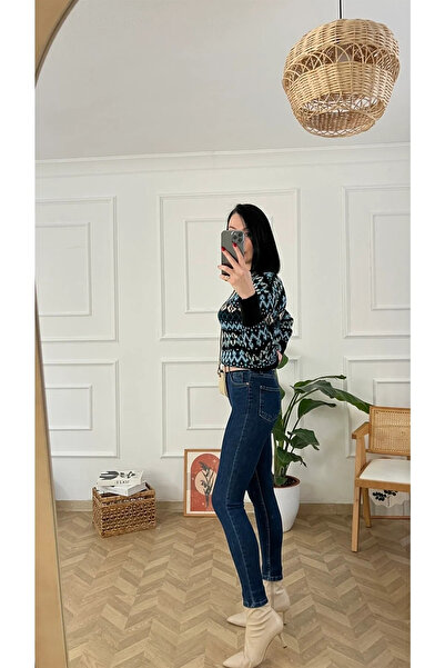 ButikDina Леон Синій Високий Талія Вузькі Штани з Лайкрою