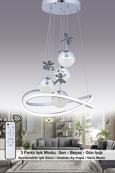 HİRALUCE Athena 3 - Silver, Yellow White and Daylight Luxury LED Crystal Stone Chandelier with Color Control and Dimmer