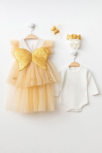 Harry&Millie 6 Month Baby Girl Dress with Sequin Tulle and Angel Wings - Wedding Evening Dress