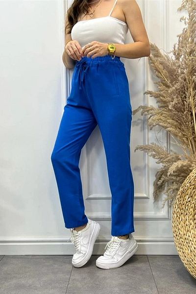 Suzi butik Pantaloni de damă cu textura de in albastru 50371 - Design cu șireturi