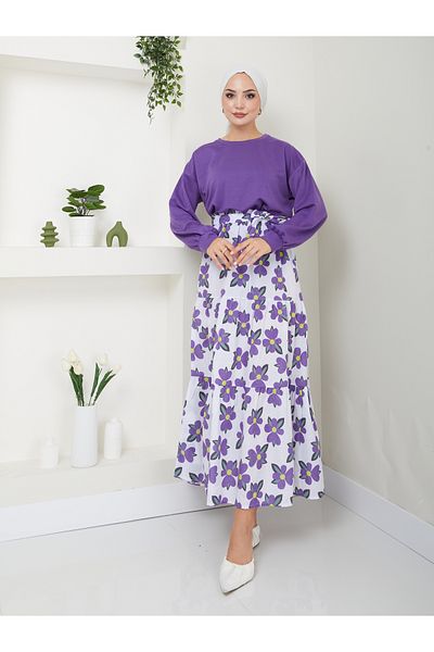 VOLT CLOTHİNG Women's Floral Patterned Skirted Hijab Suit - COPY