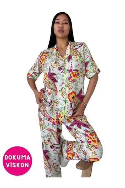 bie's Set de pijamale din viscoză țesătă cu mânecă scurtă, cu model etnic, cu nasturi în față, guler de cămașă supradimensionat, buzunar la piept