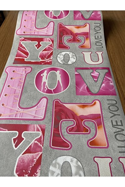 BAŞYAPI DİZAYN Gri Zemin Üzeri Pembe Yazılı Ithal Vinly Duvar Kağıdı (5m²)