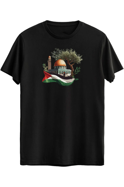 CONSTRAİN تي شيرت أبيض 100% قطن - تي شيرت بأكمام قصيرة مطبوع عليه القدس الفلس...