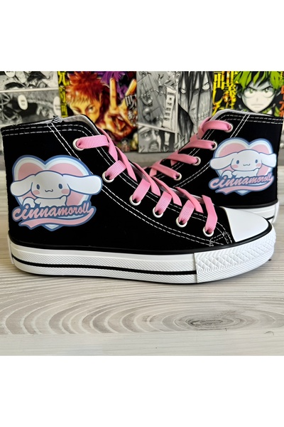 MECH BUTİK Cinnamoroll Kalp Baskılı Siyah Bilekli Keten Spor Ayakkabı Snekaer