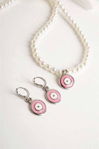 EUROMODA Pearl Necklace and Earring Set - Evil Eye Design