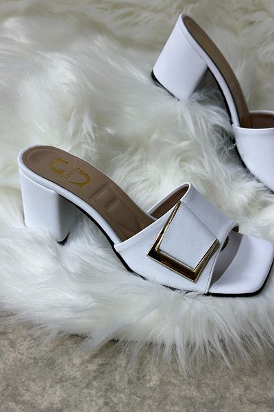 İmerShoes Καθημερινές λευκές γυναικείες παντόφλες με αγκράφα Χοντρό τακούνι με λουράκι άκαμπτο δάχτυλο Άνετη μαλακή σόλα 219