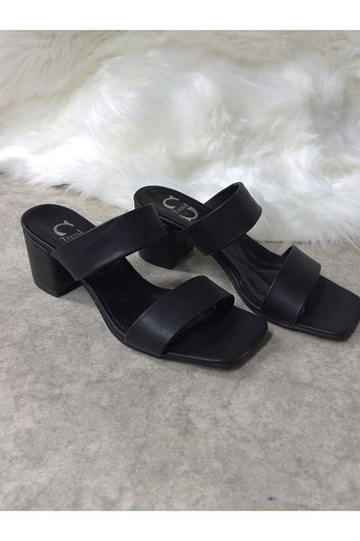 İmerShoes Καθημερινές γυναικείες μαύρες παντόφλες με διπλή ζώνη με χοντρό τακούνι, αμβλύ δάχτυλο, απλή άνετη μαλακή σόλα 271