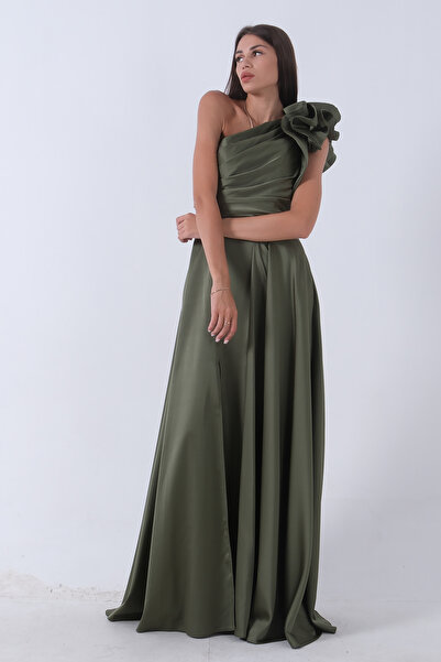 Feminist Βραδινό φόρεμα με σατέν φιόγκο ώμου Χακί 1302192