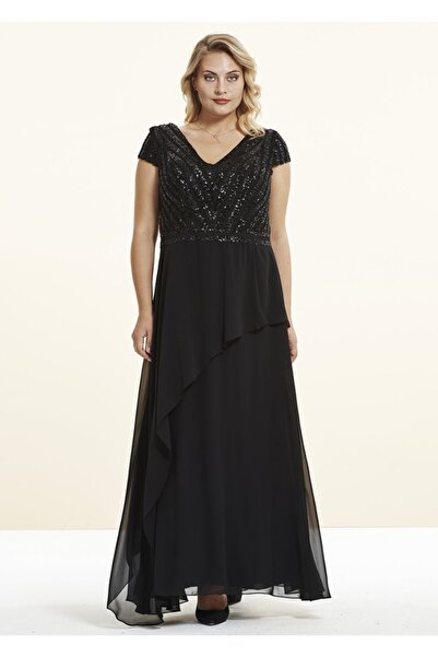 Even Plus Size - Büyük Beden Kadın Giyim V Yaka Payetli Uzun Büyük Beden Abiy...