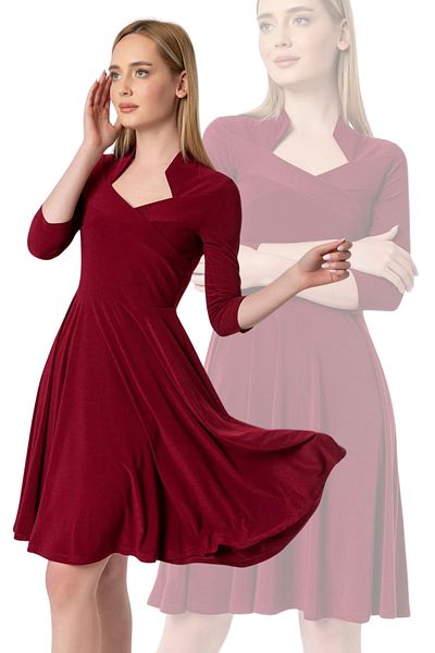 Laranor Burgundy Double Breasted Closure Prevailing Collar Three Quarter Sleeve Flared Dress
