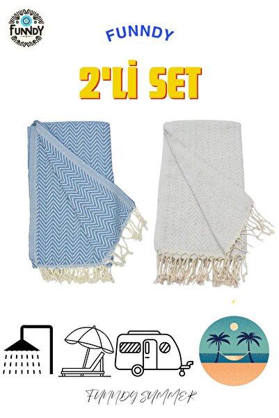FUNNDY Σετ 2 Πεστεμάλα και Πετσέτες Παραλίας - 100% Βαμβάκι, XXL 100x180cm, Καλοκαιρινό Μπλε-Γκρι