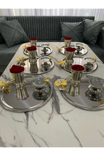 Mira züccaciye 3 Different Models Silver 6-Piece Steel Round Presentation Tray with Butterfly Design, Rose Bowl (with Roses) and Macaron Container