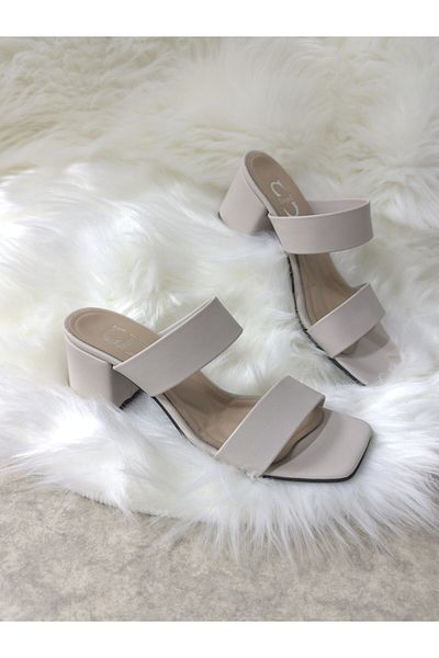 İmerShoes Daily Women's Beige Slippers Double Banded Thick Heel Blunt Toe Simple Comfortable Soft Sole 271