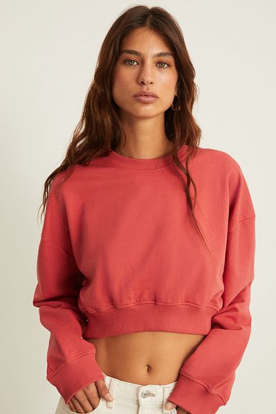 GRIMELANGE Rosela Women's Raised Warm Crew Neck Red Crop Sweatshirt