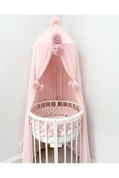 Jaju Baby Açık Pudra Renk Kenarları Ve Üzeri Ponponlu Cibinlik