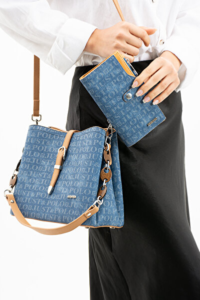 Just Polo جينز أزرق - حزام طويل قابل للتعديل و3 أقسام حقيبة نسائية ومحفظة كوم...