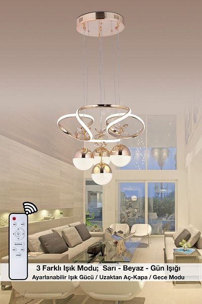 HİRALUCE Daisy Colored LED Crystal Stone Chandelier with Remote Control and Dimmer - Gold (Yellow, White and Daylight)