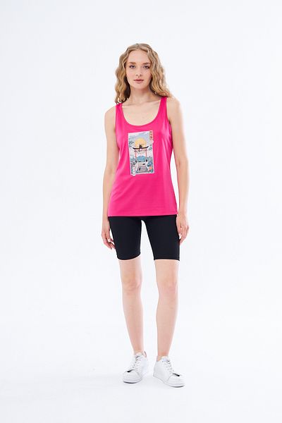 YÜKSEL IŞIK Fuchsia Colored Chinese Printed Thick Strap Athlete Undershirt