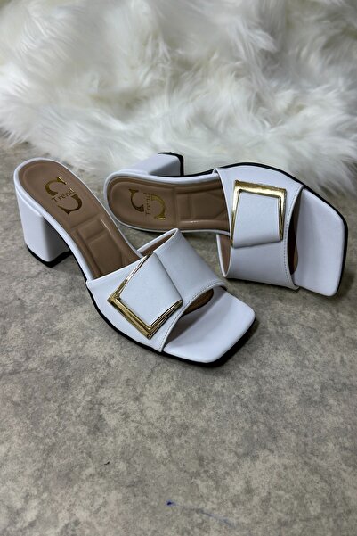 İmerShoes Щоденні білі жіночі капці на товстому каблуці з ремінцем і плоским носком, зручна м'яка підошва 219