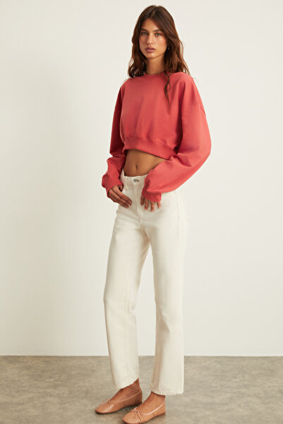 GRIMELANGE Rosela Women's Raised Warm Crew Neck Red Crop Sweatshirt