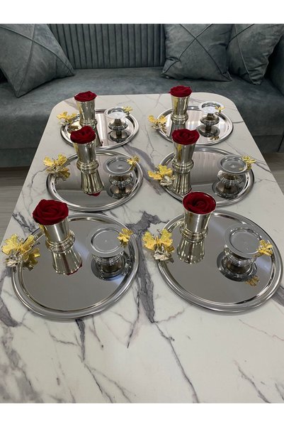 Mira züccaciye 3 Different Models Silver 6-Piece Steel Round Presentation Tray with Butterfly Design, Rose Bowl (with Roses) and Macaron Container