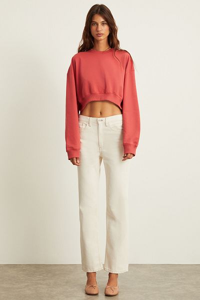 GRIMELANGE Rosela Women's Raised Warm Crew Neck Red Crop Sweatshirt