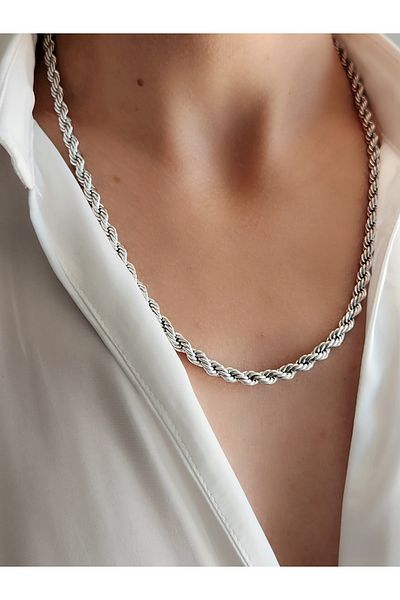 Eva Takı Rope Twisted Straw Chain Silver Unisex Necklace