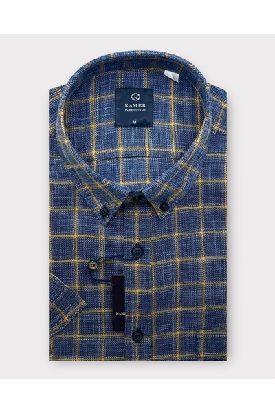 KAMER ERKEK REGULAR FIT KISA KOL %100 PAMUK EKOSE LACİVERT GÖMLEK 9438LS