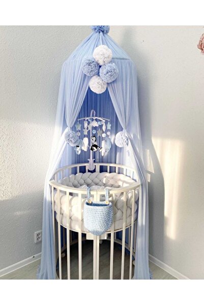 Jaju Baby Mavi Renk Kenarları Ve Üzeri Ponponlu Cibinlik