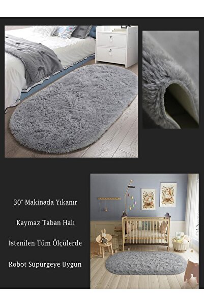 STORY TALE Gri Peluş Post Antibakteriyel Yıkanabilir Yumuşak Oval Yuvarlak Ka...