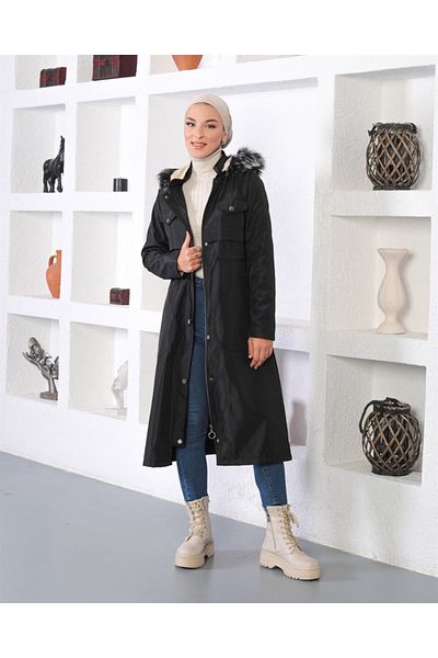 MİSSKAYLE Μαύρο παλτό Hijab με λεπτομέρεια τούνελ