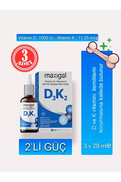 Maxigal Vitamin D, Vitamin K 20ml Damla Takviye Edici Gıda - 3'lü Paket