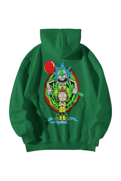 Scrovtie Πράσινο Unisex Oversize Hooded Kangaroo Pocket Clown Rick Morty Φούτερ με στάμπα