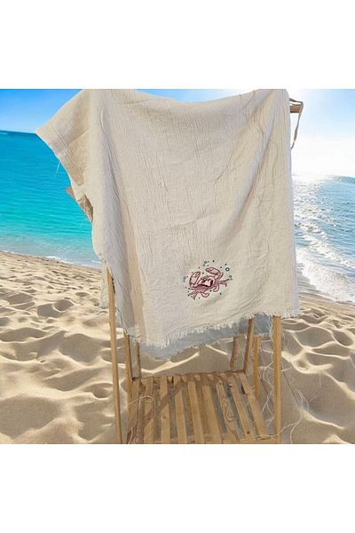 shules collection CRAB Special Design Κεντημένο Muslin Peshtemal - Πετσέτα παραλίας και μπάνιου