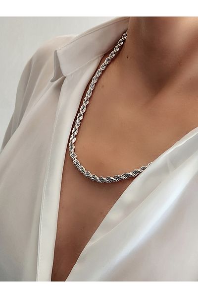 Eva Takı Rope Twisted Straw Chain Silver Unisex Necklace