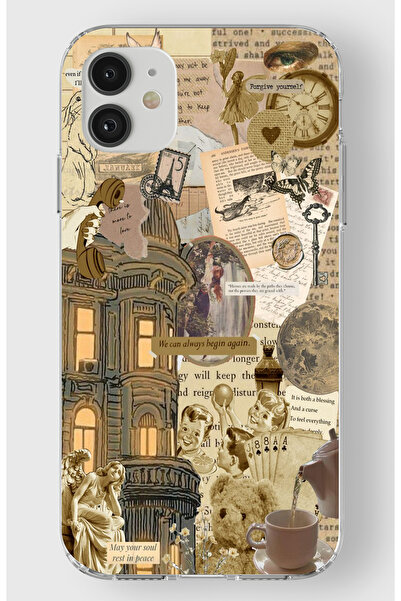 moonset Iphone 11 Uyumlu Vintage Kolaj Tasarımlı Baskılı Şeffaf Telefon Kılıfı