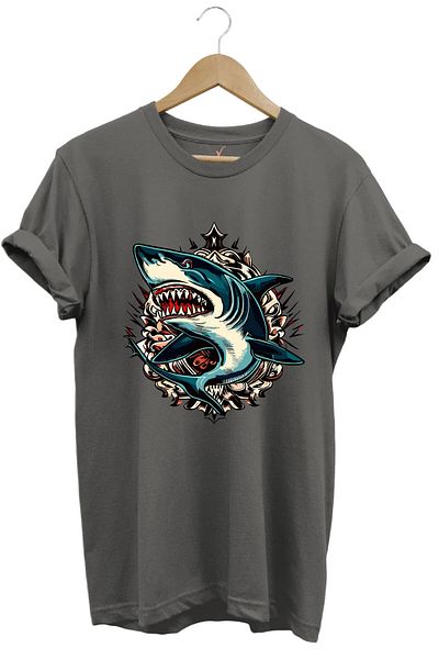 WİDİ Μπλουζάκι με στάμπα Shark Sea Sand Sun Shark με κανονική εφαρμογή 100% βαμβακερό γκρι