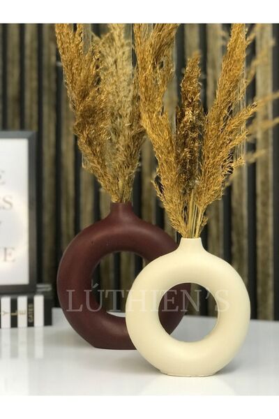Luthien Bordo-krem Bohem Halka Vazo 2’li Set Dekoratif Obje