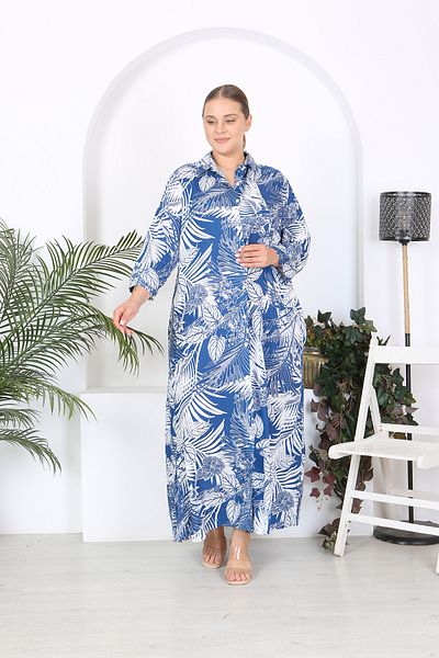 XL Modam Rochie cămașă din viscoză de mărime mare - model cu frunze albastre