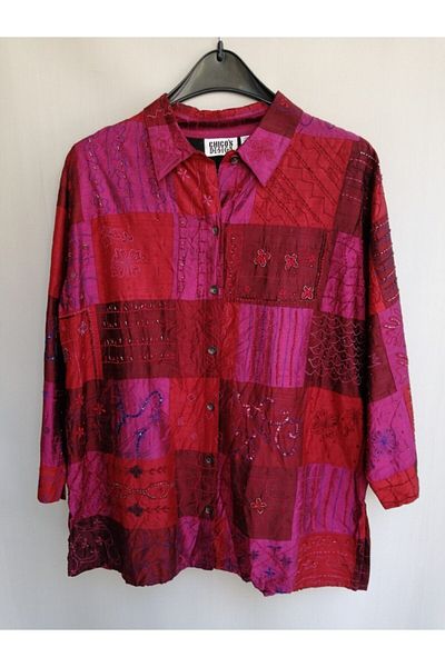 Chicos Burgundy Silk Sequin Bead Embroidered Authentic Women's Jacket - Made in India