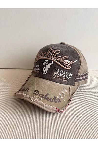 CosmoOutlet Unisex Beige Colored Black Rebel Embroidered Washed Antique Model Hat - Adjustable on the Back