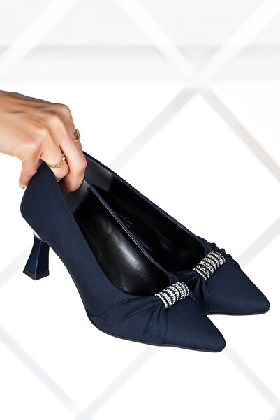 Erkan Saçmacı Wendy Dark Blue Crepe - Shoes with Stone Detail