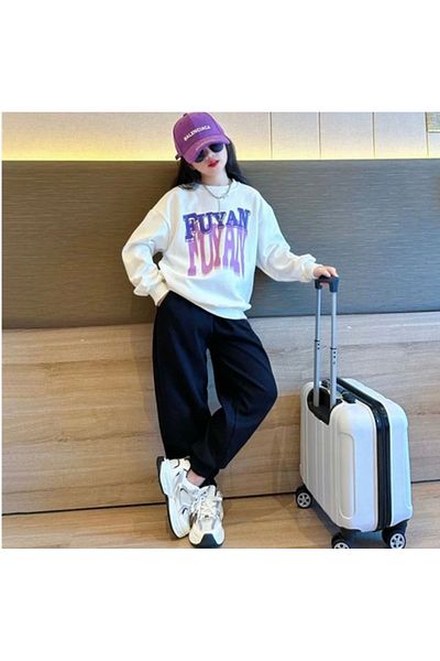 KİDS FACE Modern Girl's Stylish Tracksuit Set - Special Design, Fuyan Printed, 3 Thread Raster, Full Personality