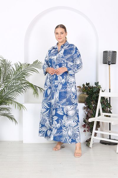 XL Modam Rochie cămașă din viscoză de mărime mare - model cu frunze albastre