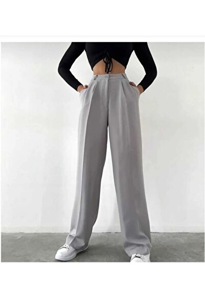 modazoom Жіночі сірі штани з високою талією, широкими штанинами та складками
