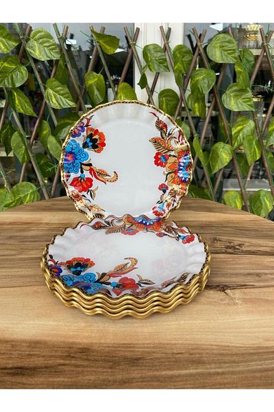 GÜRCÜGLASS طبق كيك ذهبي موديل زهرة بيضاء 6 قطع