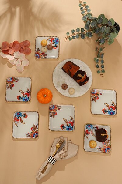 GÜRCÜGLASS Çiçek Desen Beyaz Kare Pasta Tabağı 18 Cm 6 Adet.